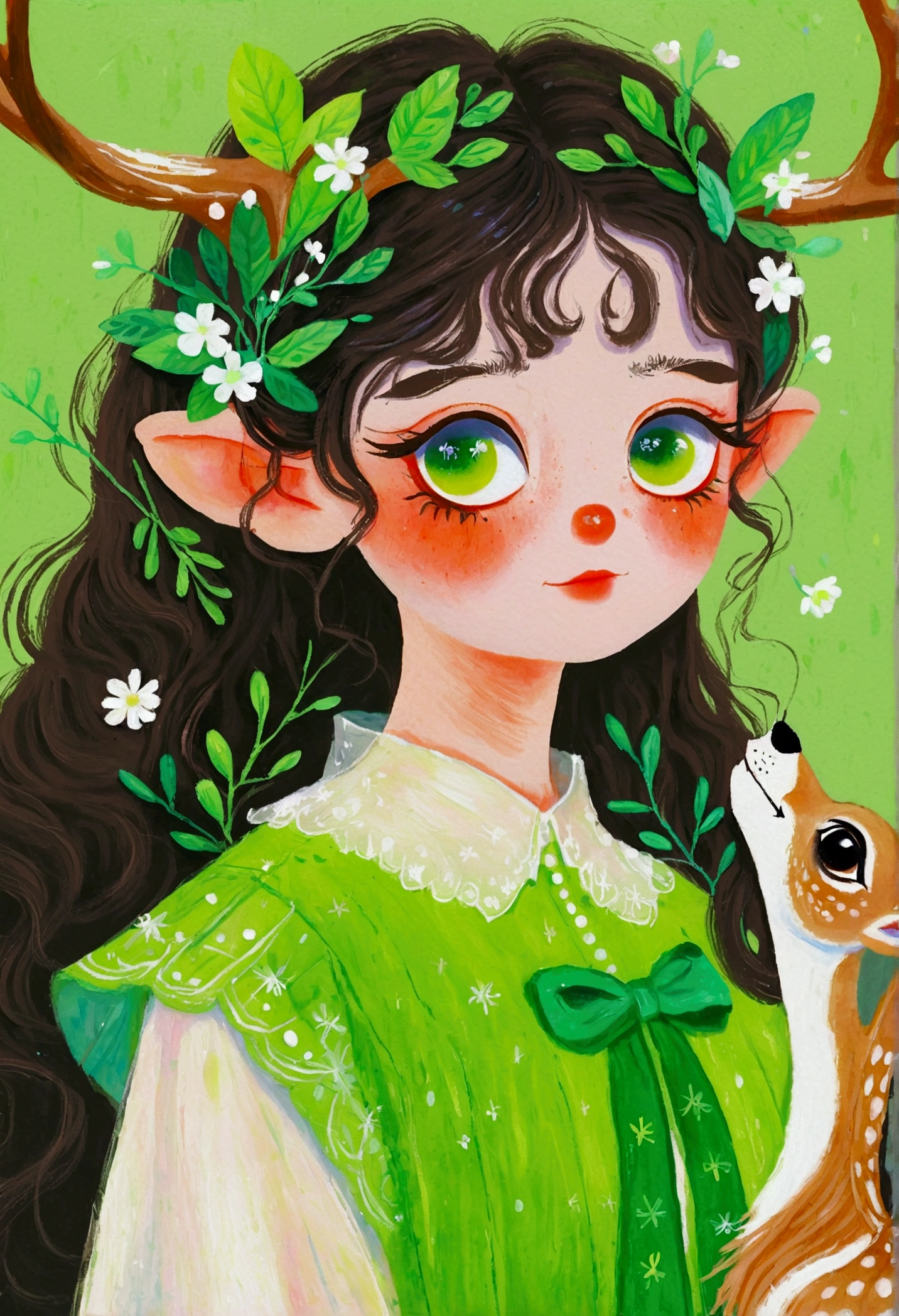 A painting,Pastel Art:Portrait of girl with deer antlers and green clothes, big eyes, Elf。Rich details,Fine hair