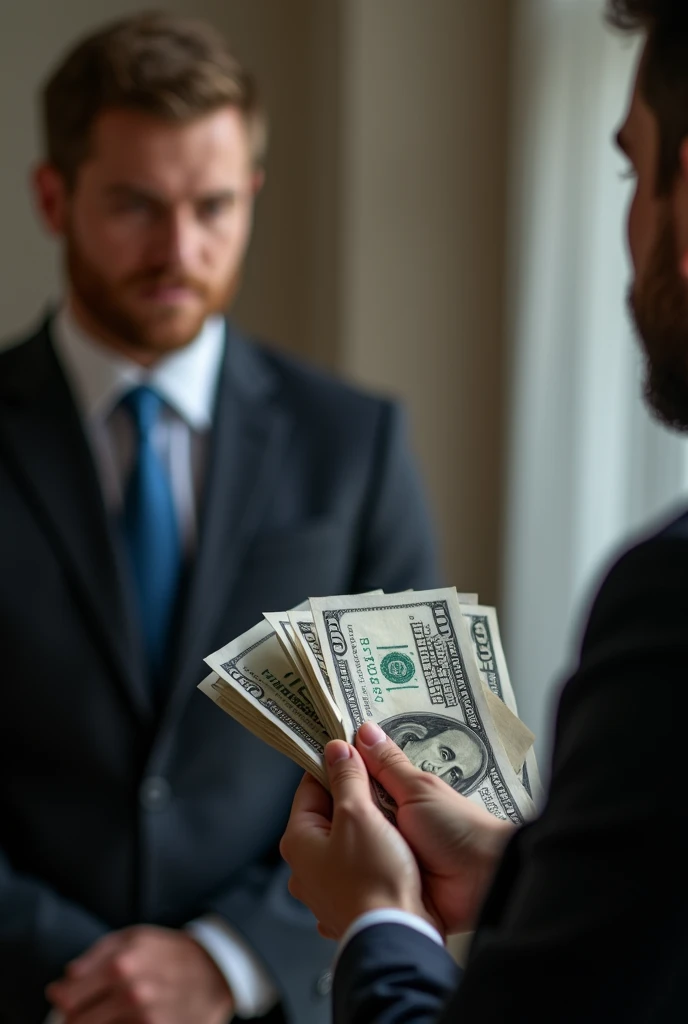 create an image of a lawyer, charging his client with money in hand, with an office background, in 9x16 format