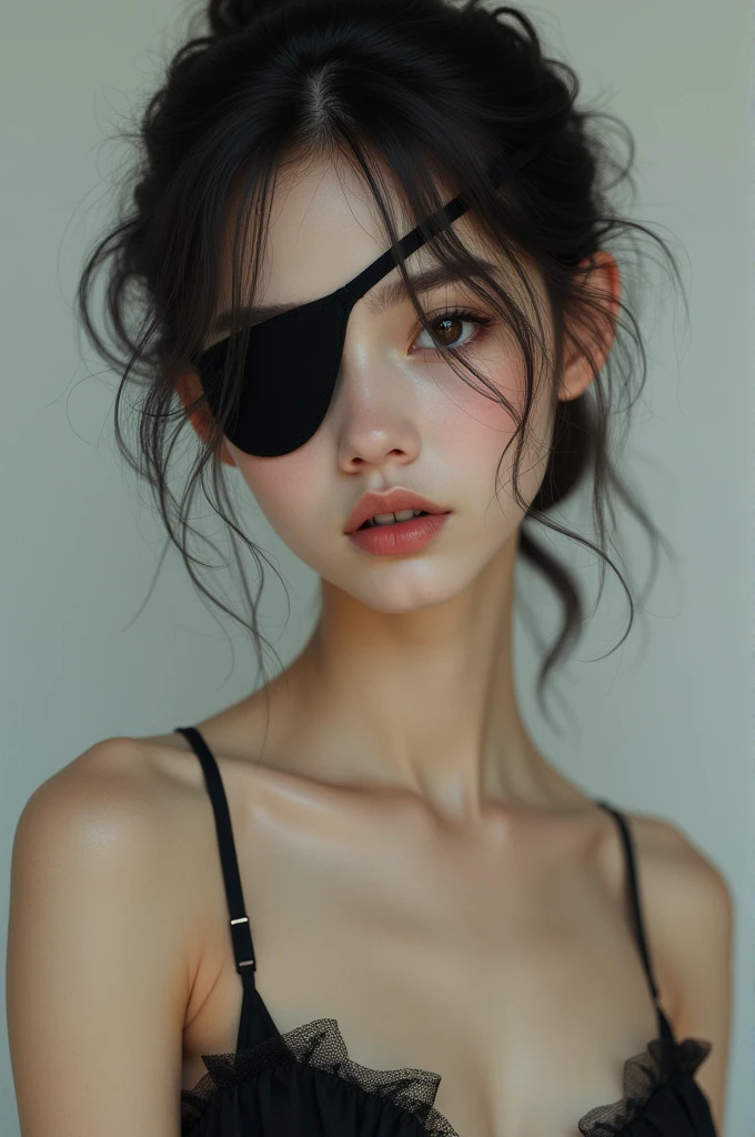 Naked girl with small breasts with an eye patch