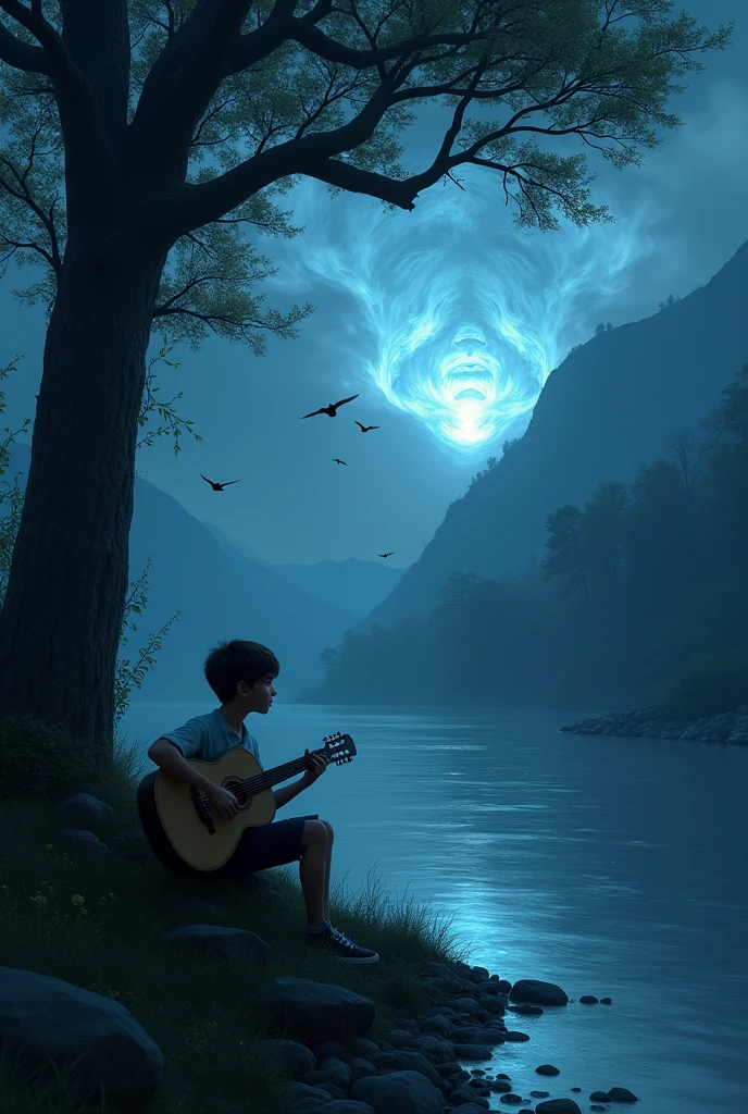 A Boy sitting with guitar near river under tree where leaves are falling and the scenario is quite scenery type with birds,mountains, black clouds and moon in night 
and in clouds a lite face of  a girl 