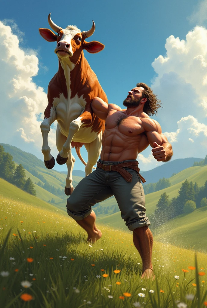 Man lifting a cow