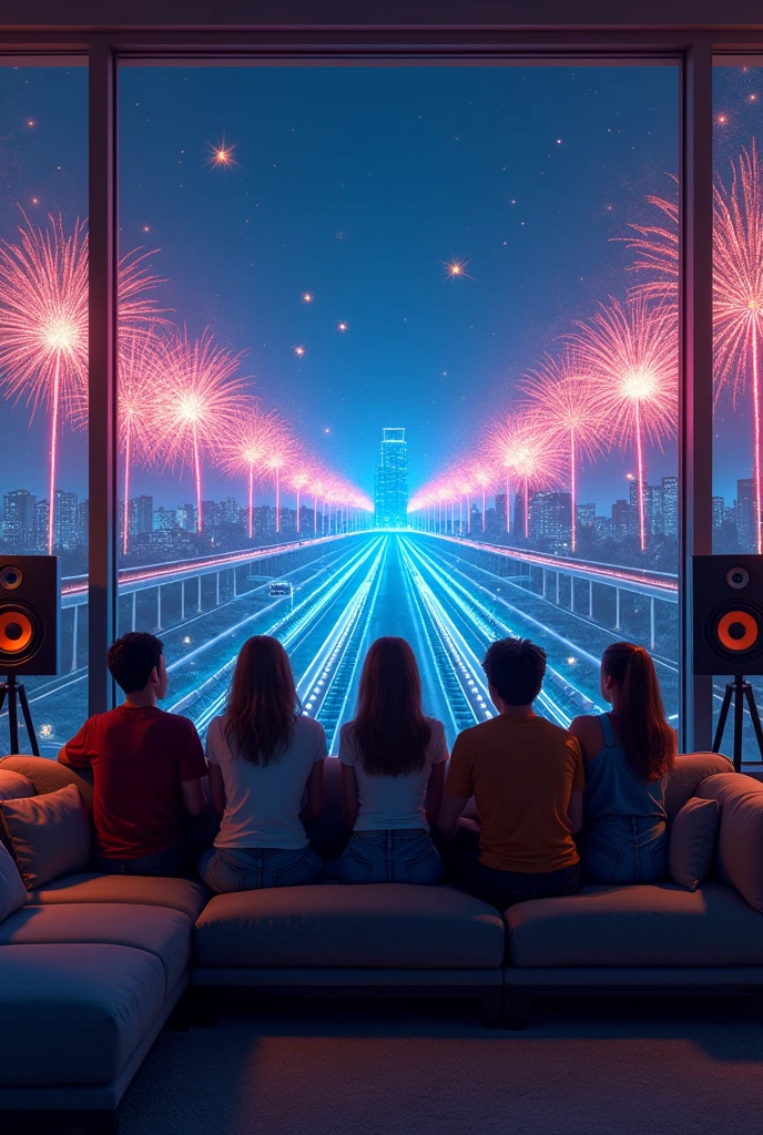 Please depict the back view of seven people sitting on an L-shaped sofa in the living room. There are large speakers on either side of the sofa, and the background features a large glass window with a view of the night cityscape. Outside the window, projection mapping displays fireworks and a railway similar to an electrical parade. The overall atmosphere should be relaxed, with the details of the speakers and projection mapping beautifully rendered.