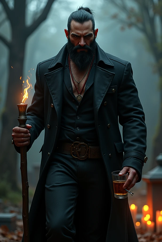 Beautiful man, evil smile, barba, black guys, layer negra detalles en rojo, comment, lit and melted candles, red and black necklace, dark, whiskey glass, layer, smiling, burly body , walking through the cemetery, Cigarettes, in it, black guys, walking stick, cullar with red and black beads