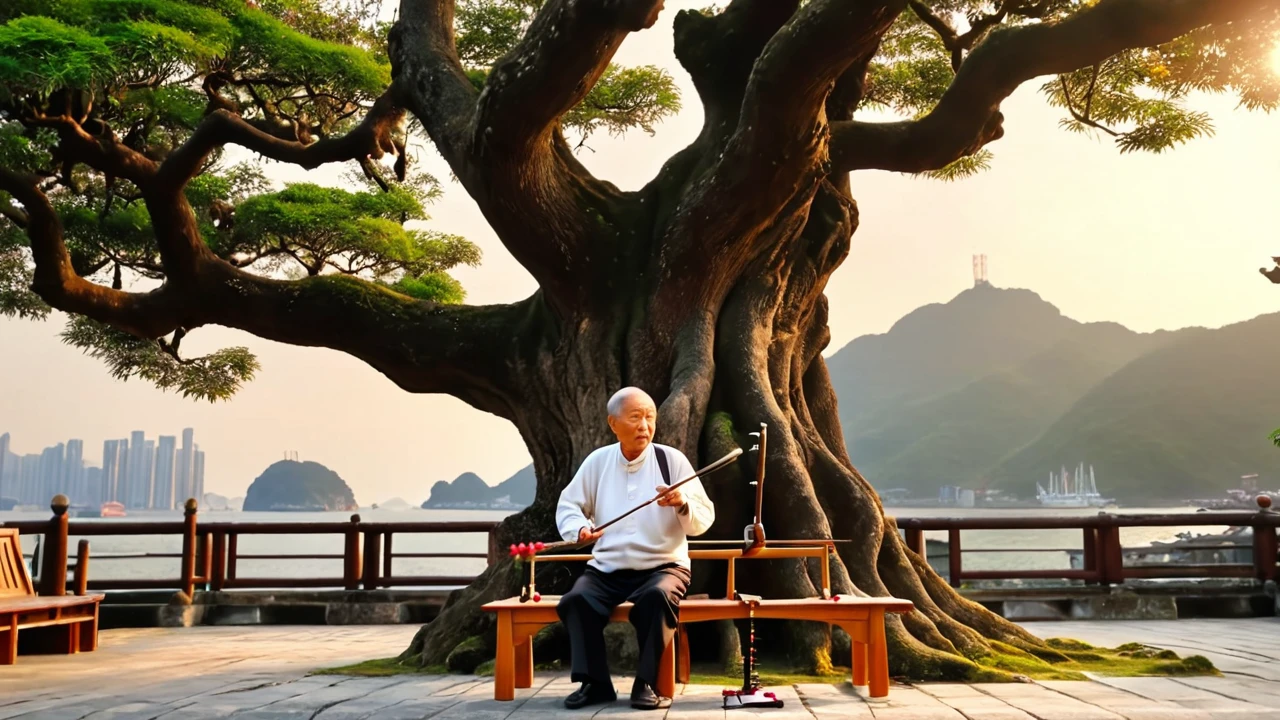 masterpiece, high quality animation, hyper-realistic aesthetic photo, (HDR:1.2), pore and detailed, intricately detailed, graceful and beautiful textures, RAW photo, 16K, sharp focus, cinematic lighting, (vivid colors), (crisp details), (Kaohsiung traditional courtyard), (wooden bench), (elderly man playing erhu), (children playing nearby), (sunset atmosphere), (large tree), (sky)