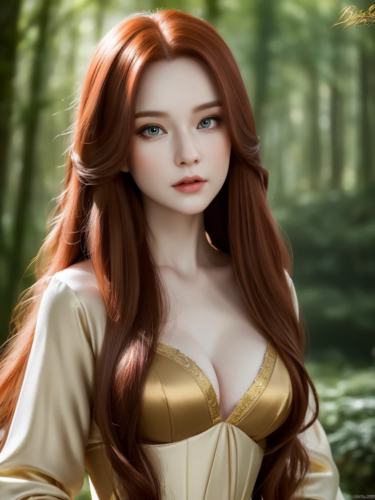 a beautiful redheaded asian girl, VERY LONG and very very very SILKY HAIR, very elegant elf dress, dense forest, no sunlight, detailed face and eyes, very big tits (best quality,4k,8k,highres,masterpiece:1.2),ultra-detailed,(realistic,photorealistic,photo-realistic:1.37),magical fantasy atmosphere,fantasy,concept art