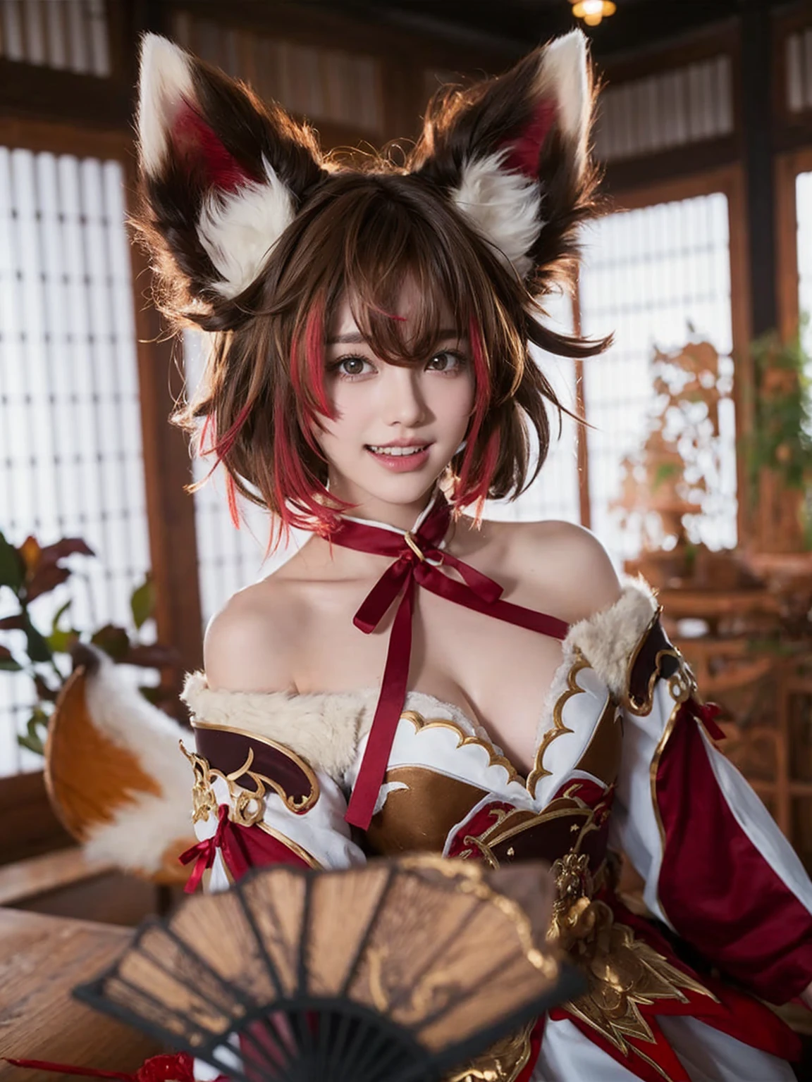 a young woman (larged-size-chest) cosplaying. She has large, fluffy brown and white fox ears, and her hair is short, brown with hints of red, and styled in a slightly messy way that frames her face. Her eyes green color. She wears an intricate costume featuring a mix of red, white, and brown, with golden accents and ornate patterns. The top part of her outfit exposes her shoulders, and a red ribbon ties around her neck. She holds a fan or similar object in her hand, which is partially obscured by her costume. The background consists of a traditional wooden room with large windows, soft lighting, and some decorative elements like wooden furniture and plants. The overall atmosphere is warm