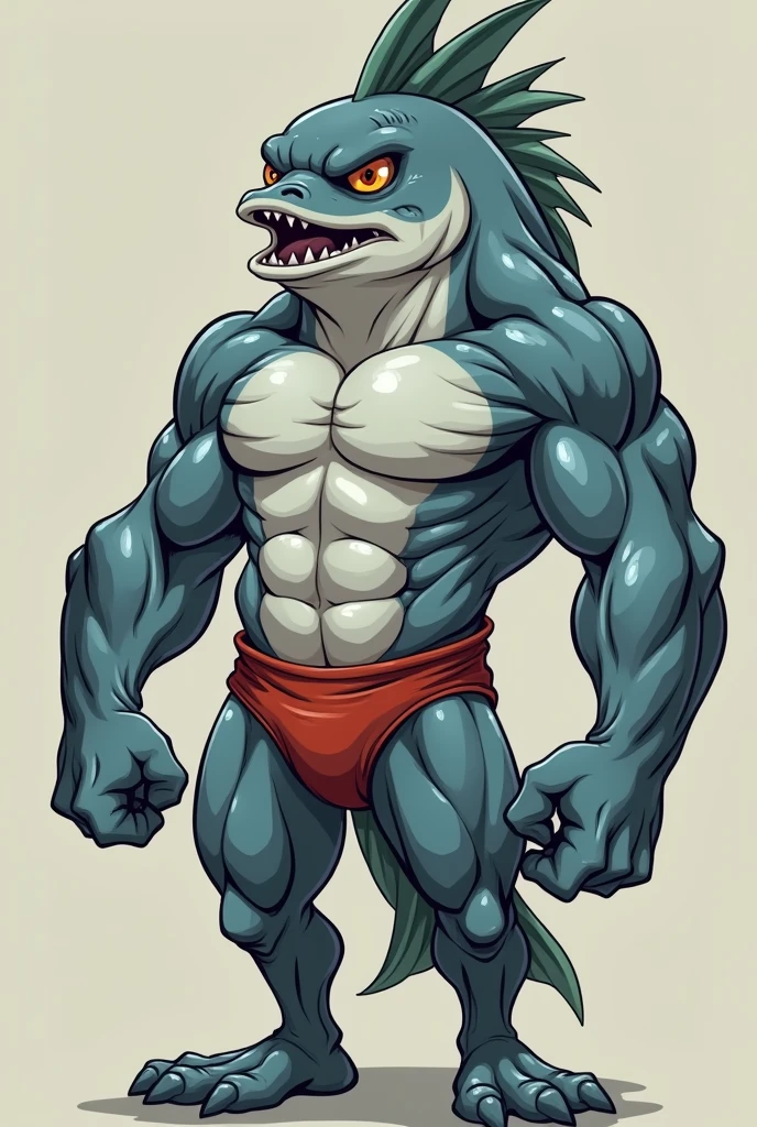 A stronger muscular humanoid fish grey wearing a speedo making a double biceps with angry face, cartoon style