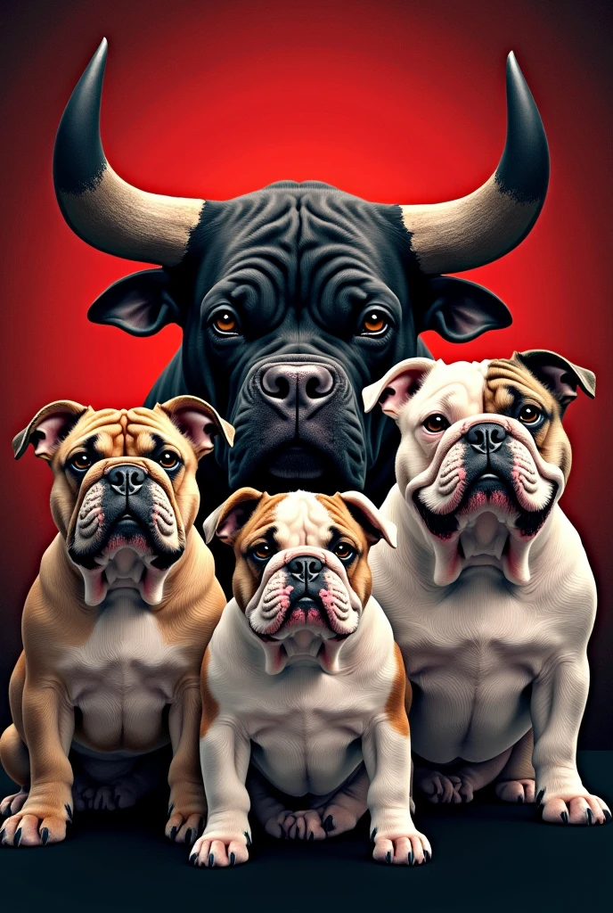 Create a badass and eye-catching cover with the words Supreme BullsAQP with an image of chubby English Bulldogs and a background of a badass bull with a red and black background  