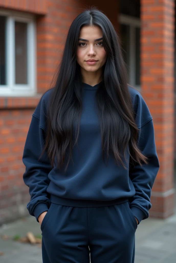 a 28 year old woman weighing 69 kilos Brazilian long straight black hair standing in front of a brick building, one photo, instagramart, tachisme, sports sweatshirt and dark blue cold weather pants, alanis guillen, young fair-skinned brazier,adolescent, qualidade hd,  Panas, ashe, colombian, deep dimples, backlit, she has 2 3, bra