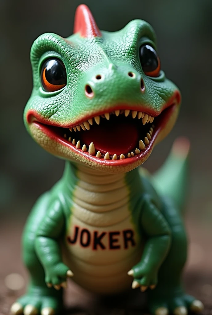 Cute green dinosaur with red painted mouth, sunken eyes and gold teeth, with the tattoo "JOKER" on the chest. His face is a little whitish, which makes him look dark.