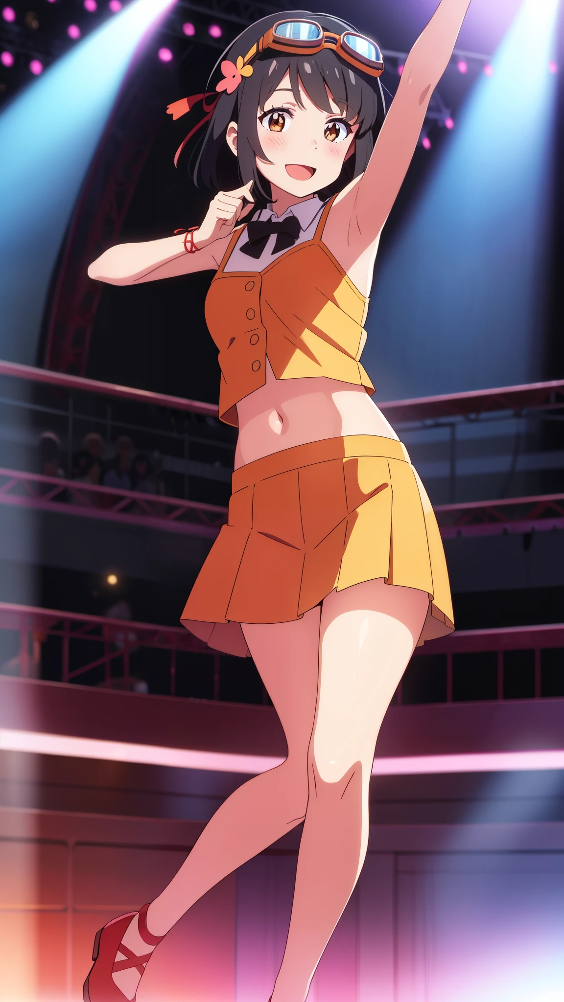 shinkai makoto, kimi no na wa., 1girl, bangs, black hair, blush, brown eyes, perfect face, looking at the viewer, idol costume, detached collar, red ribbon, short hair, solo, shinny skin, smile, cute, open mouth, :D, (masterpiece), best quality, hair ornaments, orange crop top, goggles on head, orange skirt, navel, stage, stage lights, crowd