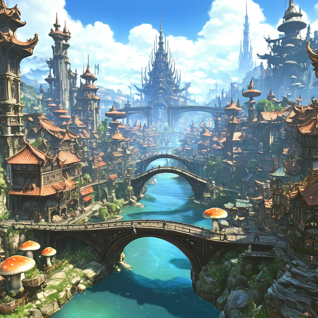 (masterpiece:1.2), extremely intricate details, ff14style, dynamic painting, depicting a bustling city with a majestic bridge spanning wide rivers, surrounded by towering giant mushrooms. The vast landscape bursts with vivid colors