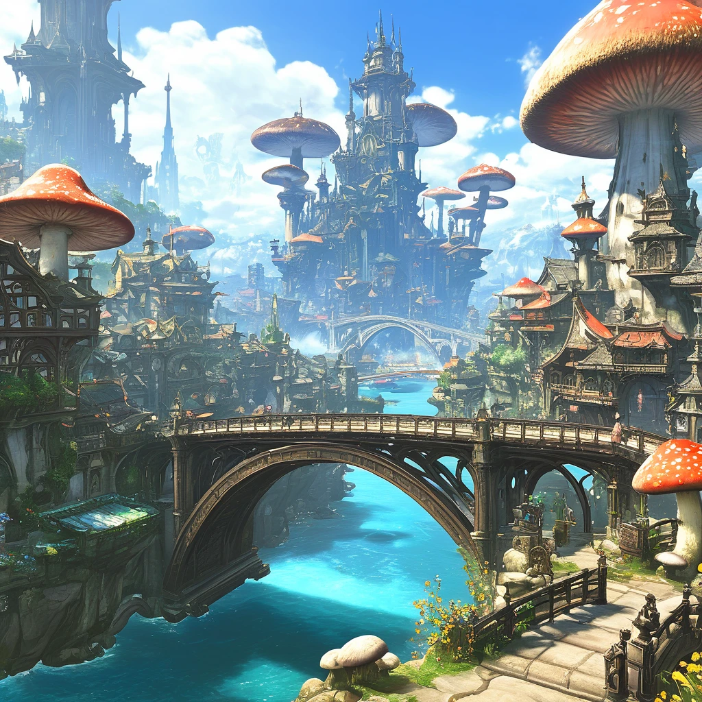 (masterpiece:1.2), extremely intricate details, ff14style, dynamic painting, depicting a bustling city with a majestic bridge spanning wide rivers, surrounded by towering giant mushrooms. The vast landscape bursts with vivid colors