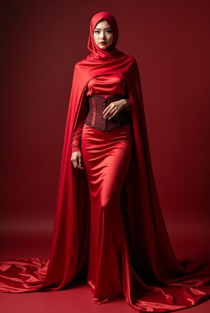 An alluring indonesia woman shrouded in a 8-meter-long, plush red satin cloth, tightly bound and grandly draping along the form of her body, flowing off into a pooled floor-length train, styled in a mermaid-inspired outfit, her head modestly veiled in a satin hijab,wear corset, truble when she walk with her outfit, full-body pose conveying a sense of elegance, captured in a 4k resolution, ultra-realistic