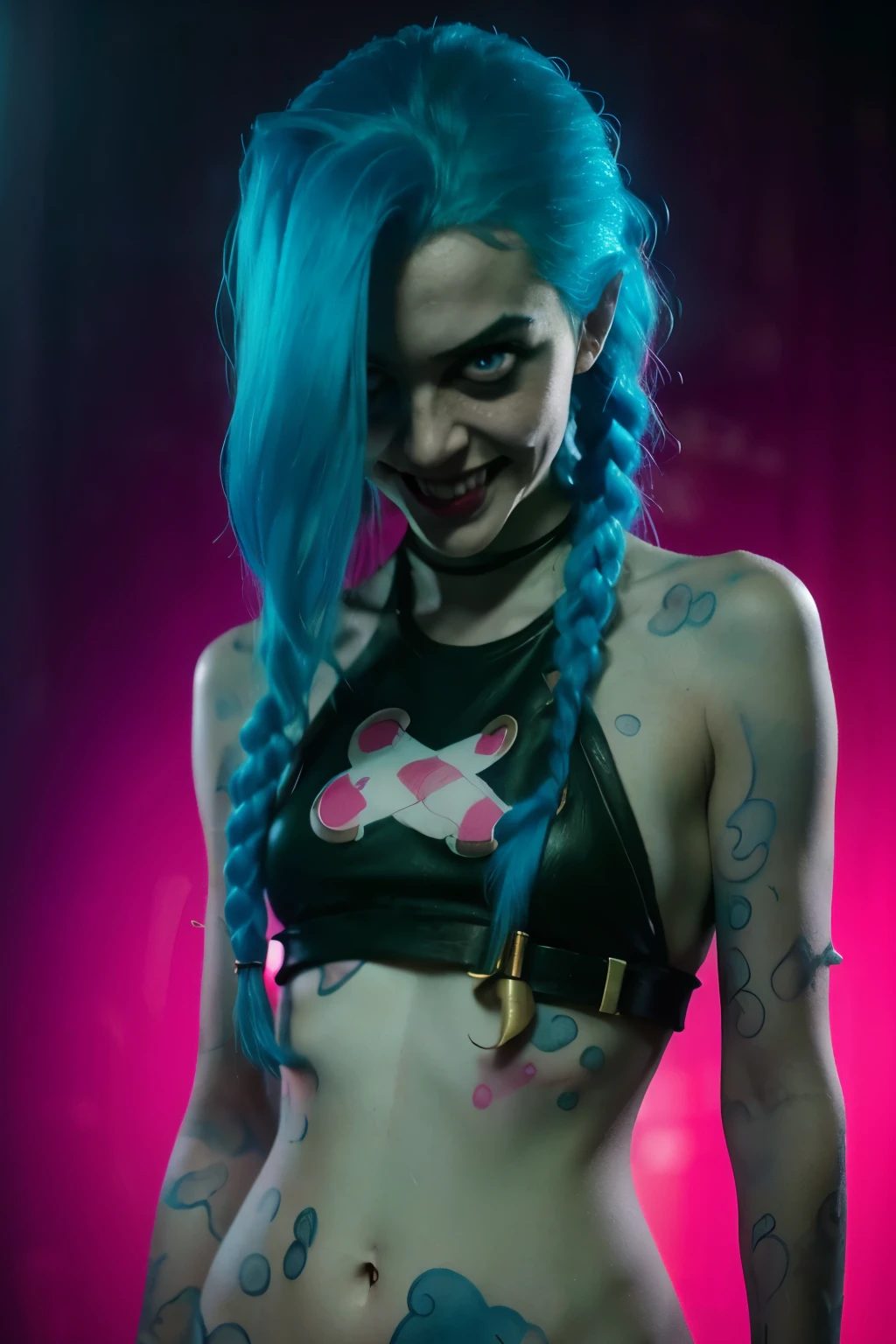 Hyper realistic super detailed Jinx cosplay ,(( Young girl, 15 years old)) , Very detailed, (hyper realistic: 1.4), in dynamic pose, ((angry face)) , twin braids, long hair, blue hair, red eyes, (((blue tattoo on arm))) , ((skinny body)) , (((psycho face, creppy smiling) )), arcane style. ((Grunge Neon grafitti background, cinematic lighting)).