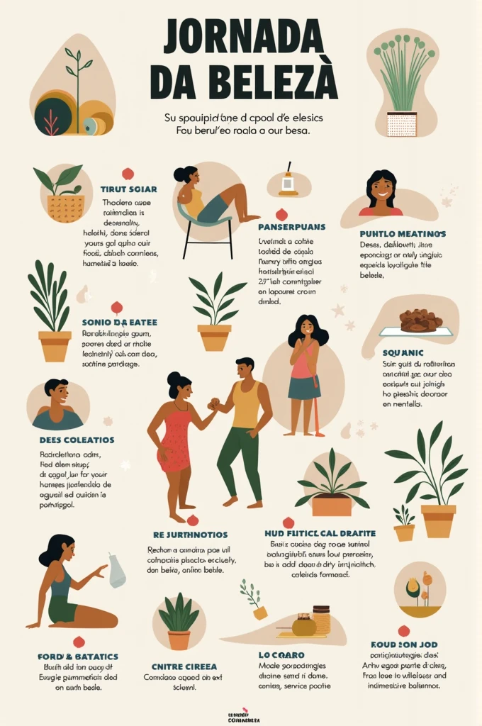 I want an infographic about the beauty journey and its effects on health With content in Portuguese
