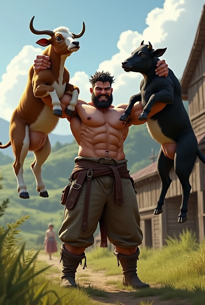 Man lifting a cow and a kid believe