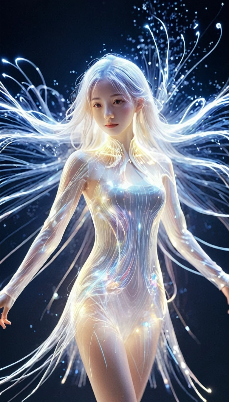 bailing_particles,bailing_lines,Lines of light,Particles of Light,A girl made of particles,The density of lines at the finger part is high,(white hair:0.3),