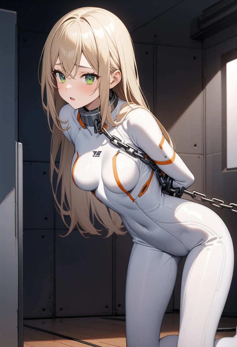(Highest quality),woman,living room,original,alone,(((White bodysuit))),Orange bodysuit,Blonde ,Green Eyes,Ultra Girl,Are standing,Chained,Kneel,Put your hands behind your back,solitary confinement,Metal background,Very detailed,Sharp focus,beautiful, score_9, score_8_superior, score_7_superior,sauce_anime,
