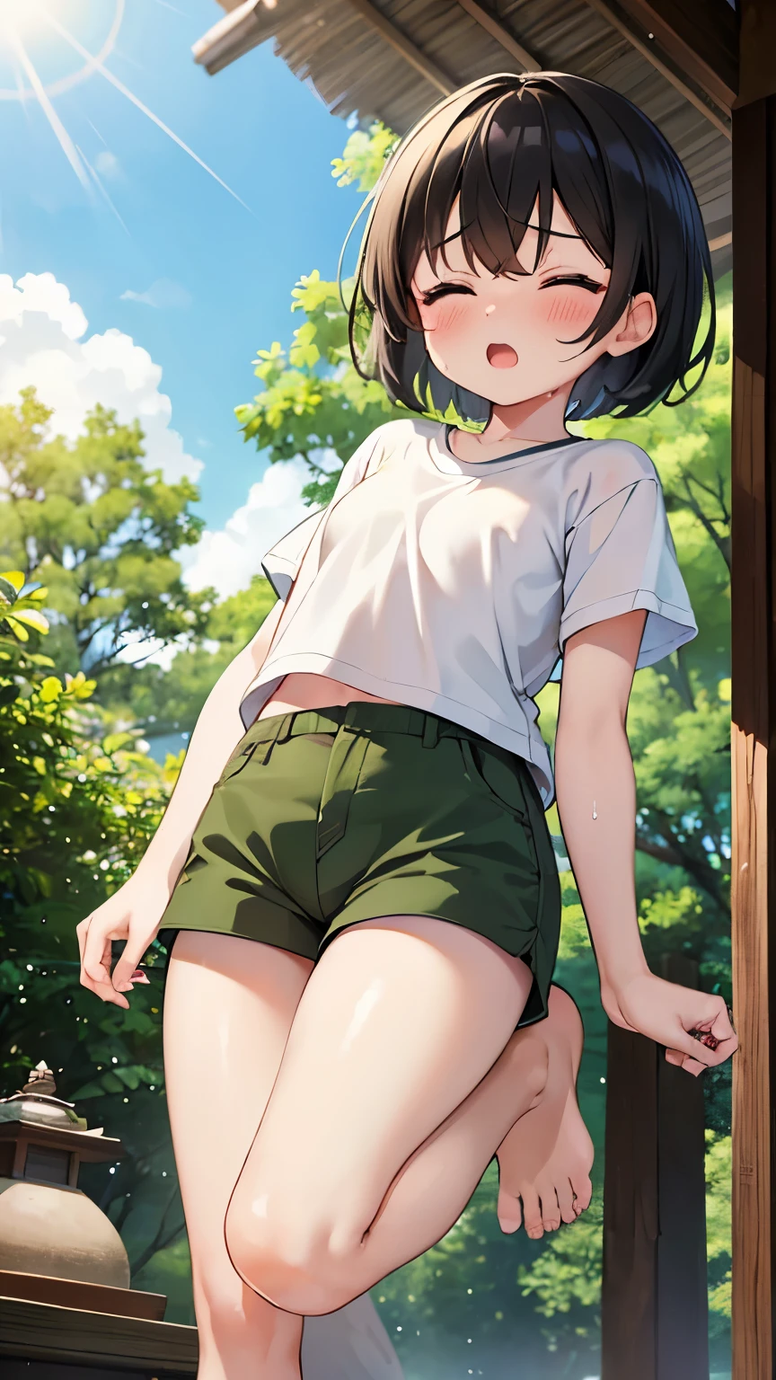 forest,shrine,Are standing,close your eyes,1. small ,short hair,Black Hair,blush,White T-shirt,Olive green shorts,barefoot,White skin,summer,From below,shy,Sweat,Open your mouth,sun,Wet,Looks hot,