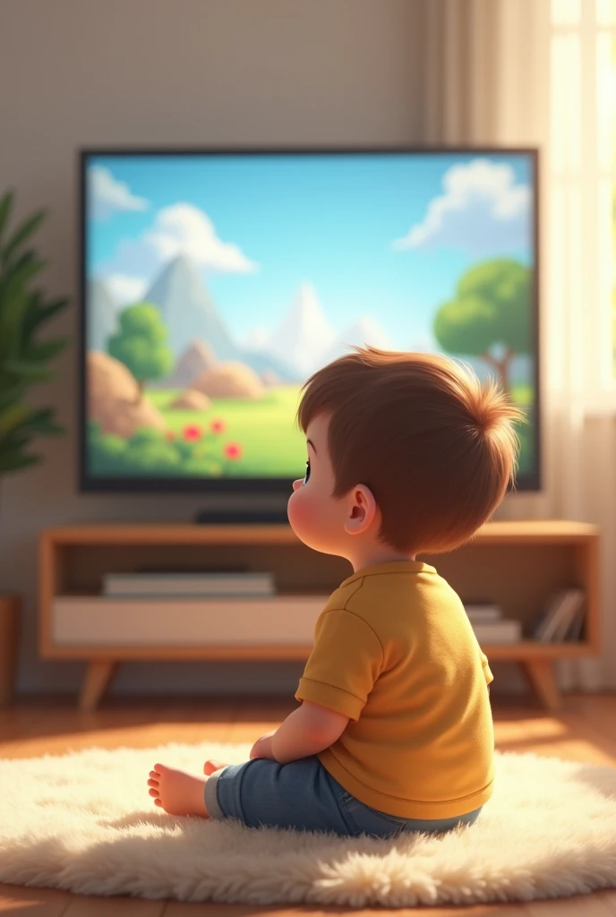 2 year old boy with short hair watching TV
