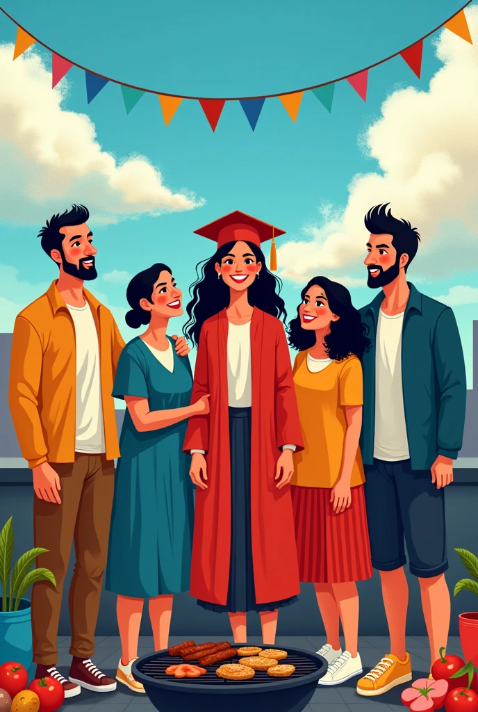 Poster of a family celebrating at a barbecue on the occasion of a family member's graduation, Make the characters abstract and have the barbecue on a rooftop, The graduate is a 22-year-old woman, have him appear in cap and gown
