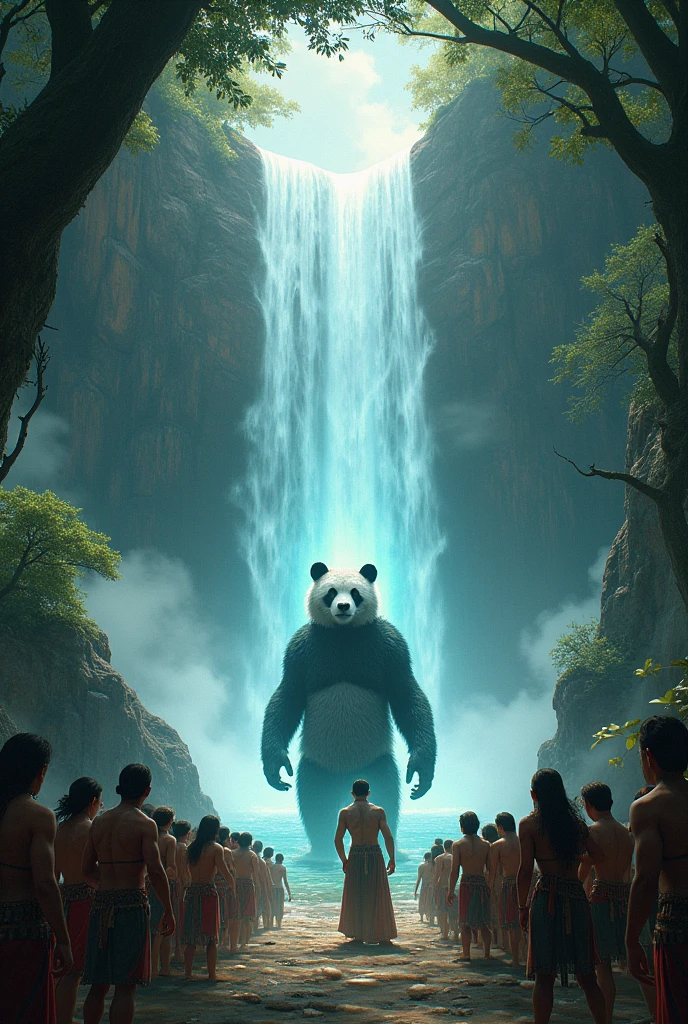 portal,insula, waterfall, forst, scared indigenous people,magician bear panda 
