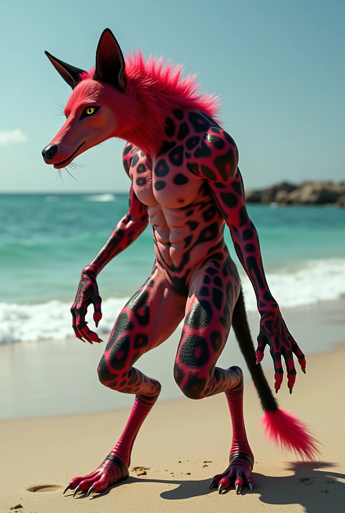 GAY FURRY WOLF HALF GIRAFFE RED AND BLACK SHITTING ON THE BEACH NAKED