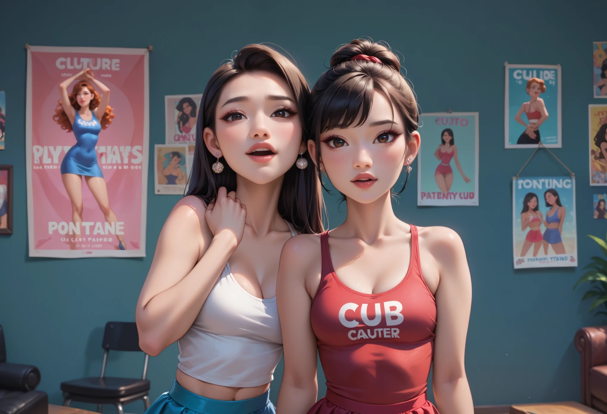 (Typography Poster) Hot asian women in mini dresses and tank tops are dancing sensual dances with each other in the club. 'SLAY!' is written near the top (Typography Poster)