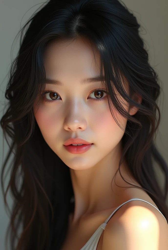 Make a REALISTIC Asian girl with dark hair, dark brown eyes and an attractive face