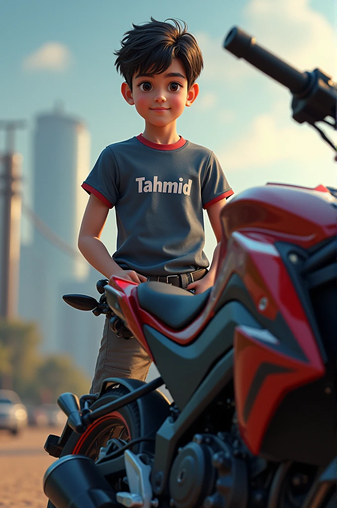 a boy is standing in on the bike R15 the boy is warning a t-shirt the boy's name writing on the t shirt Tahmid