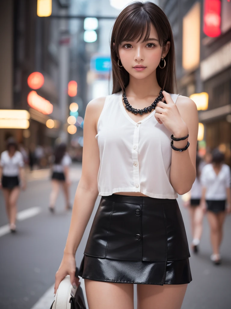 Product quality,1 girl,Cowboy Shot,Front view,Young and sexy Japanese girls,20-year-old,In town(Crowded street:1.4),Fashionable white shirt,wear,Fashionable bags,Fashionable necklaces,Fashionable earrings,((Black Very Short Micro Mini Skirt:1.5)),wear,Super cute face,Glossy Lips,Double eyelids on both eyes,(Natural Makeup),shiny smooth light brown hair with long hair,,Asymmetrical bangs,Center image,8k resolution,Attention to detail,Detailed hairstyle,Detailed face,Cinema Lighting,Octane Rendering,Ultra-realistic,Perfect limbs,(Detailed fingers:1.5),Beautiful feet,Voluptuous thighs,Huge breasts,Perfect Anatomy,(Model pose:1.3)