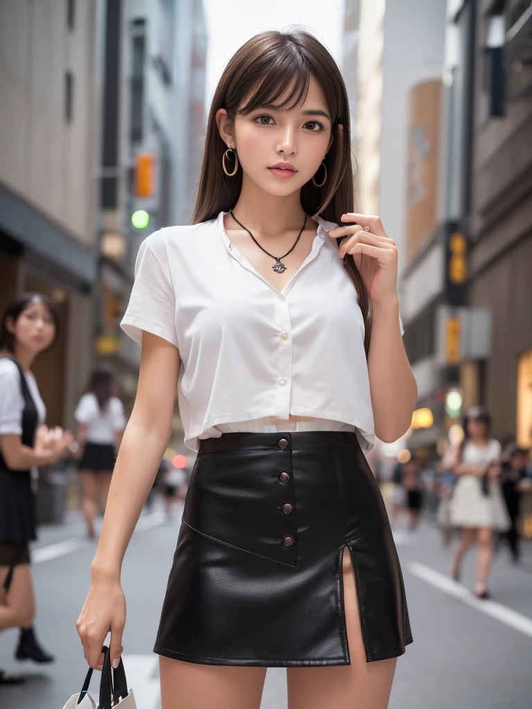 Product quality,1 girl,Cowboy Shot,Front view,Young and sexy Japanese girls,20-year-old,In town(Crowded street:1.4),Fashionable white shirt,wear,Fashionable bags,Fashionable necklaces,Fashionable earrings,((Black Very Short Micro Mini Skirt:1.5)),wear,Super cute face,Glossy Lips,Double eyelids on both eyes,(Natural Makeup),shiny smooth light brown hair with long hair,,Asymmetrical bangs,Center image,8k resolution,Attention to detail,Detailed hairstyle,Detailed face,Cinema Lighting,Octane Rendering,Ultra-realistic,Perfect limbs,(Detailed fingers:1.5),Beautiful feet,Voluptuous thighs,Huge breasts,Perfect Anatomy,(Model pose:1.3)