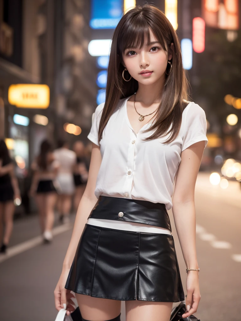 The lower body is very short, Low waist skirt，Attractive woman、The transparent white shirt on the upper body、It elegantly encapsulates her curves..,(Ultra low waist)、She stood、Looking seductively at the subway。、Bathed in the soft moonlight、The scene is、Mysterious and sexy touch.、Creates a fantastical dream-like atmosphere.。The light is filled with soft moonlight.、Casting soft reflections and shadows on her charming features。(Transparent white blouse、Black garter stockings with floral lace、Long legs)、Wear skirts that fit snugly around the hips、Low waist mini skirt、Black high heels、Big Breasts、Tight waist, Long legs、sweating、Three-dimensional facial features.、４ｋ、８ｋ、RAW Photos、Highest quality、(Long black hair、Head rope)、High resolution、High quality photos、Thoughtful expression、Melancholica、Defeated at bowling、Biting your lip、She is shy、(Wear a skirt with a slit、Waist open、Bare back、Tight black mini skirt、Gripper)、Facing the camera、((Thighs and genitals are fully visible))