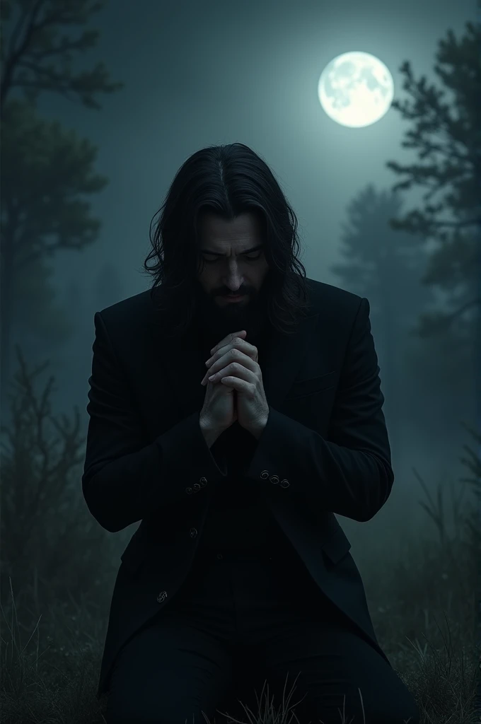 Beautiful long dark hair man lowed beard on knees praying hands at moon light on beautiful black suit sad expression front view