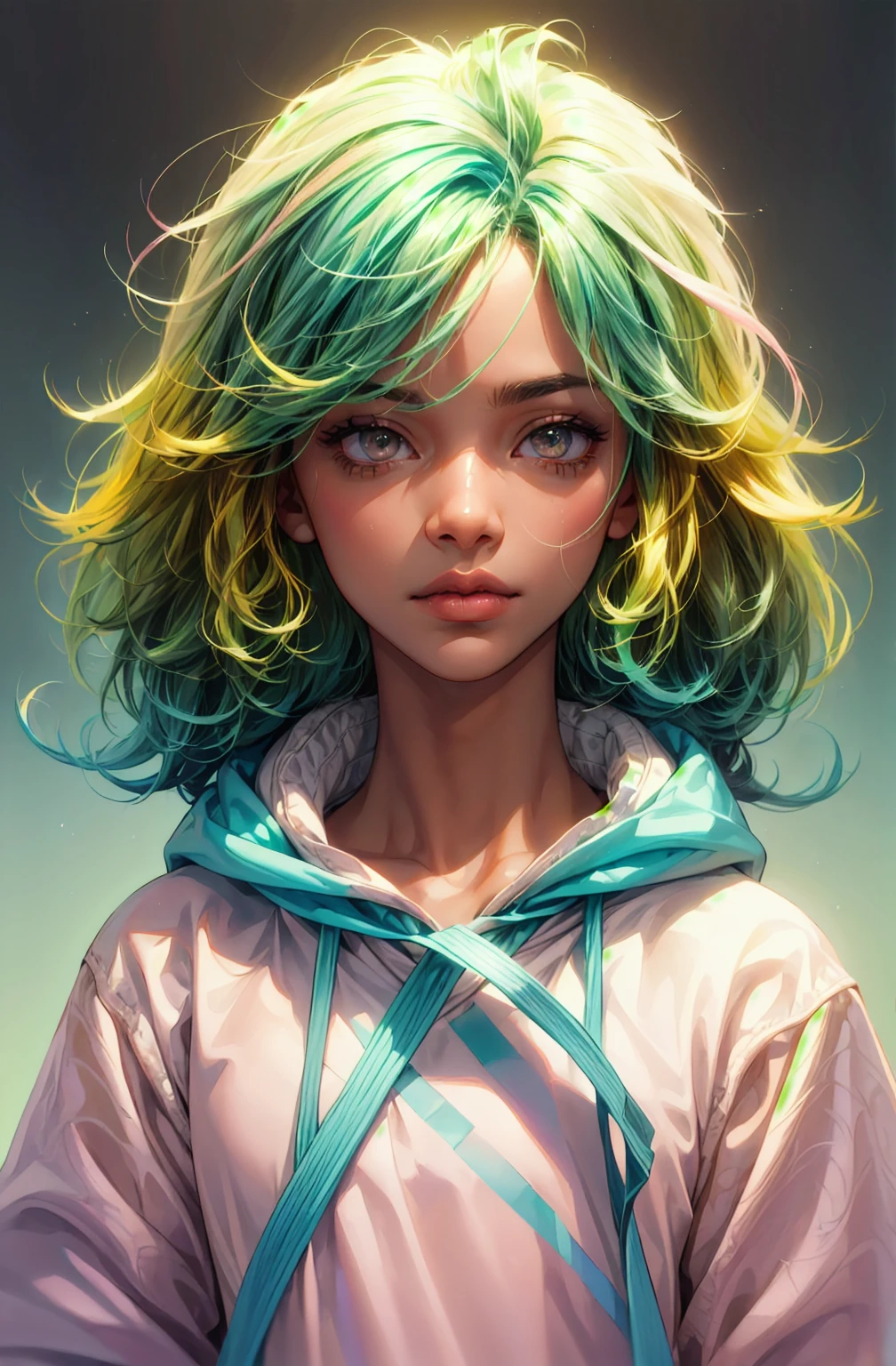 1girl, solo, solo focus, cowboy shot, portrait, oversized hoodie, aqua green and white hoodie, half aqua, half green, ((brown hair)), (yellow hair), (gradient hair :1.5), curly hair, ((pink eyes)), hyperdetailed eyes, tan, (caramel dark skin:1.1), best quality, ultra-detailed, white background, simple background