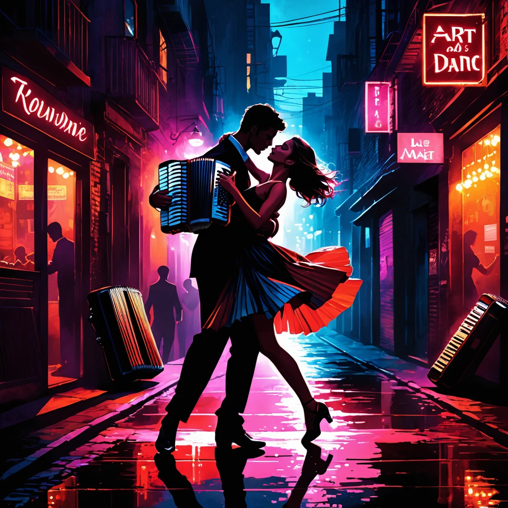 An atmospheric urban scene at night featuring a tango dance in a narrow alley, illuminated by flickering neon lights. The setting is filled with the sound of an accordion and the pulse of drums, creating a passionate and intense atmosphere. Dancers are silhouetted against the neon glow, their movements dramatic and full of emotion. The environment captures the gritty romance of the city, reflecting the struggle and beauty of urban life through the art of dance, surrounded by echoes of music and the shadows of the night
