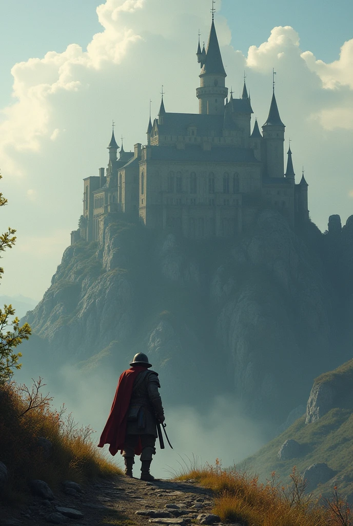 Soldier standing holding his gun, advances towards a giant castle on top of the hill