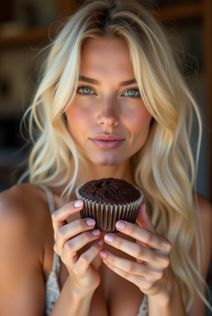 Sexy girl blonde, with hot body and angelic face eating chocolate muffin in France