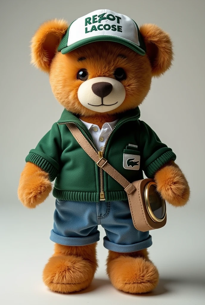 Create a teddy bear with Lacoste clothing, with cap, with watch, with string written BAXIN