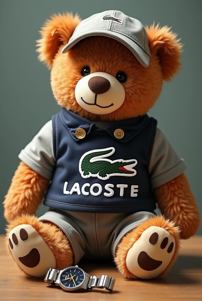 Create a teddy bear with Lacoste clothing, with cap, with watch, with string written BAXIN