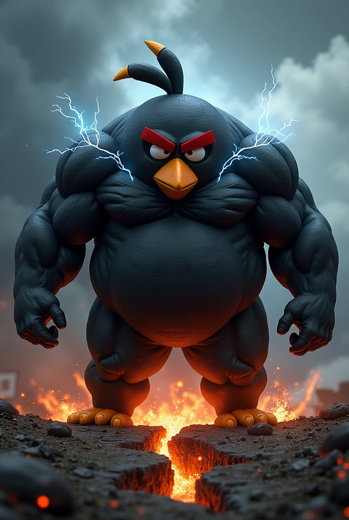 Bomb from angry birds is all pumped up and very big and on his eyebrow there is a big scar surrounded by lightning and under him the ground has split and he looks serious