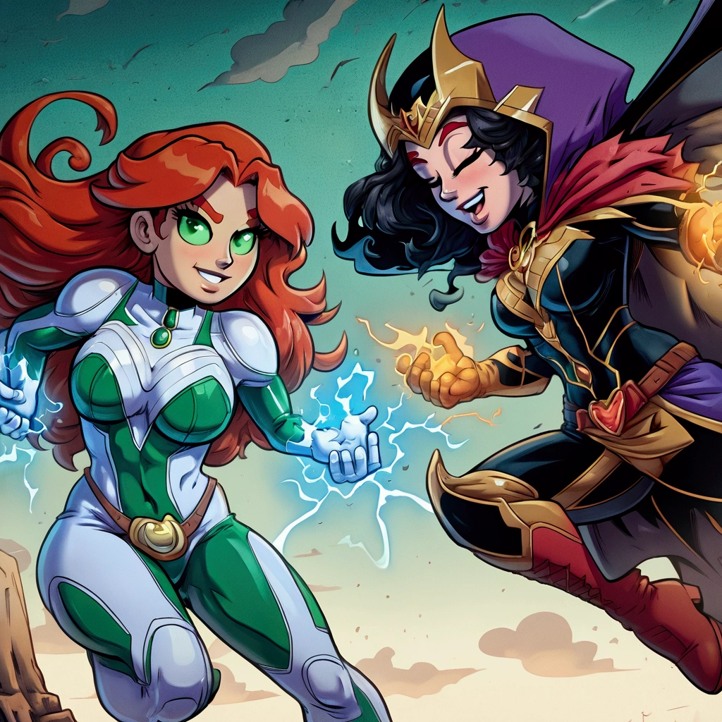 a close up of two women in superhero costumes with lightning, j scott campbell, zenescope, textless, j. scott campbell, inspired by Daphne Allen, artgerm and lois van baarle, starfire, kda, jen bartel, ivy, by Juan O'Gorman, artgerm and genzoman, sirens, dinah drake