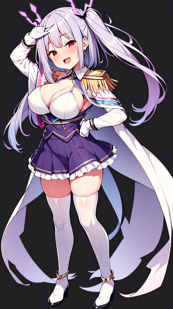 ((full body)),masterpiece, Highest quality, High resolution, male, short hair, Hello, Red eyes, Large Breasts, Cleavage, Epaulettes, White gloves, - Elbow hand pockets, Purple Skirt, Knee socks, Cowboy Shot, (Pose in front),straight, street,Low - Angle,Downから,Down