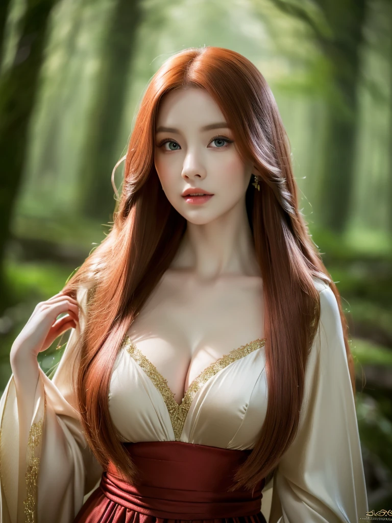 a beautiful redheaded asian girl, VERY LONG and very very very SILKY HAIR, very elegant elf dress, dense forest, no sunlight, detailed face and eyes, very big tits (best quality,4k,8k,highres,masterpiece:1.2),ultra-detailed,(realistic,photorealistic,photo-realistic:1.37),magical fantasy atmosphere,fantasy,concept art