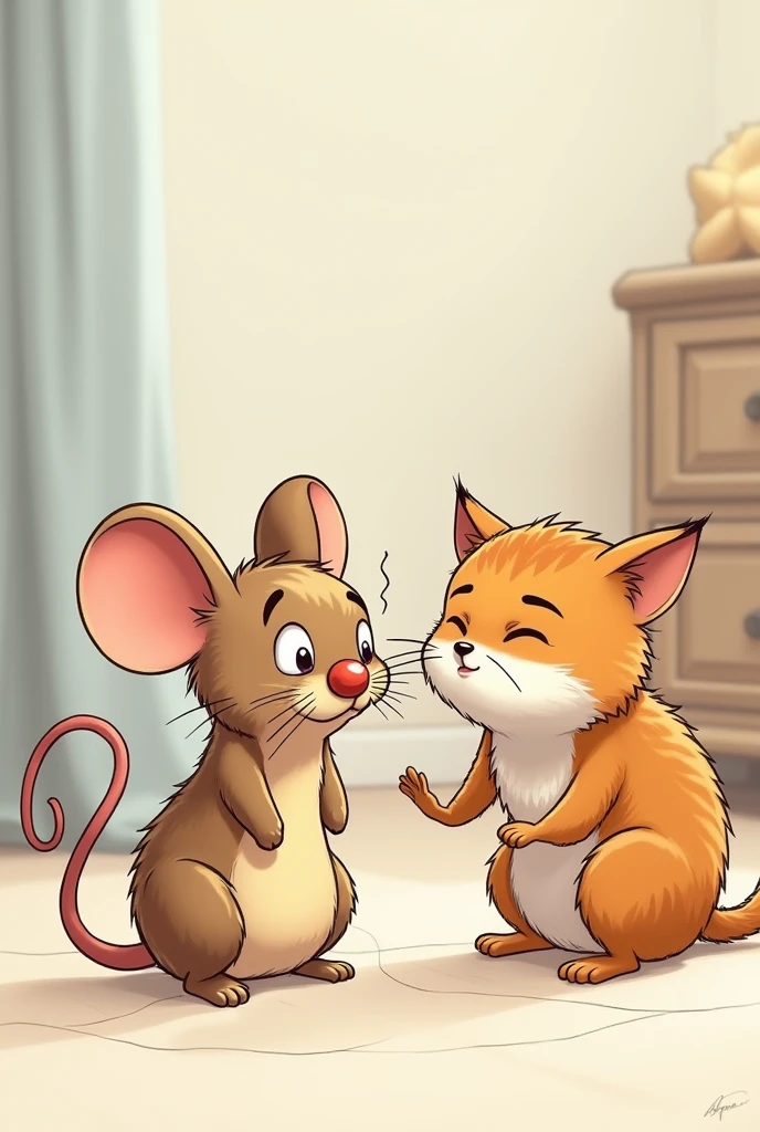 Drawing of a light brown mouse that is sneezing and upset, has a red nose, the curled tail and shrunken mustache. In front of the mouse is a medium-sized cat who laughs at the little mouse's situation..