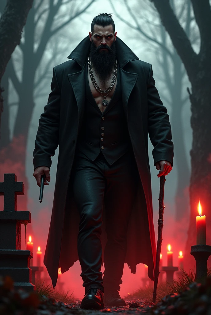 Beautiful man, evil smile, barba, black guys, layer negra detalles en rojo, comment, lit and melted candles, red and black necklace, dark, whiskey glass, layer, smiling, burly body , walking through the cemetery, Cigarettes, in it, black guys, walking stick, cullar with red and black beads , exu layer preta umbanda layer negra y roja