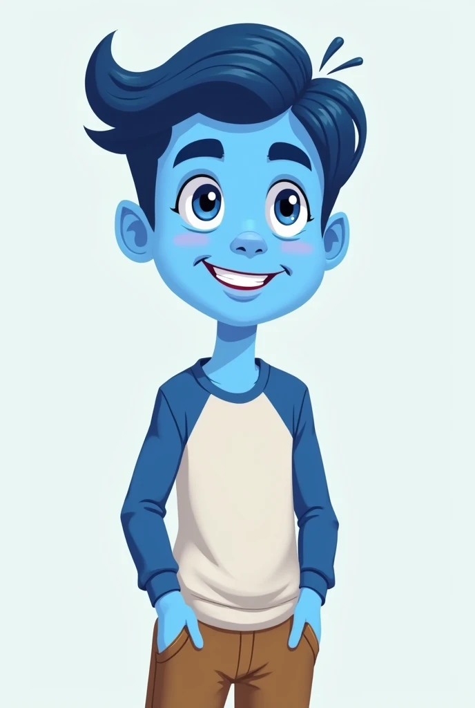 Create a 2D character with blue skin. The character must be approximately , with a friendly and happy expression, but with the appearance of a teenager. Hahould be blue and styled simply.. The character must be taller and wear neutral clothing, like a white shirt with blue sleeves and brown pants, to complement your blue skin. Avoid using too many flashy colors to maintain a simpler, more cohesive look..