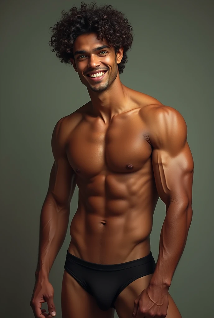 Handsome man with curly hair,he has Indian looking,he has fairy skin,he has green colour eyes,his face has jaw lines,he is smiling,he wears  jockstrap underwear ,he has big muscles in his chest ,arms and legs.

