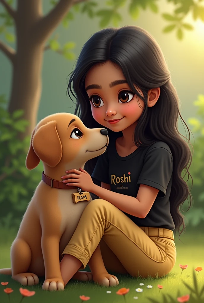 A beautiful fair indian girl sit with a light brown puppy which has a wooden bone shaped name tag named " RAM". The girl wear butter colour jeans and black t shirt. T shirt named "Roshi"